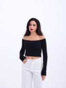 42241 TRİKO KAYIK YAKA CROP-SİYAH resmi